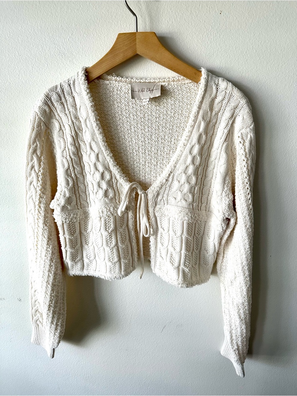Ivory Cable Knit V-Neck Tie-Front Cropped Sweater